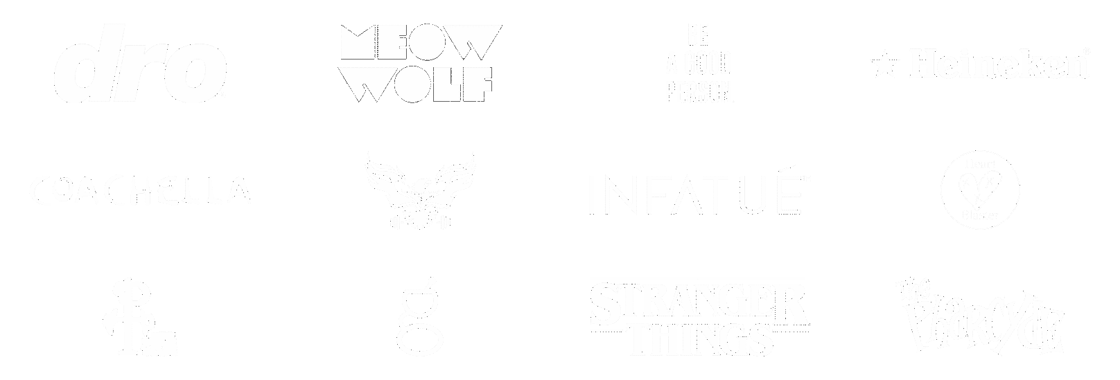 Brands and artists Fresh Sam has designed for — Dro, Meow Wolf, Be A Good Person, Heineken, Coachella, Body Shaping Company, Infatué, Heart Blaster, Hats by Parker Thomas, Good Chemistry, Stranger Things, The Pharcyde