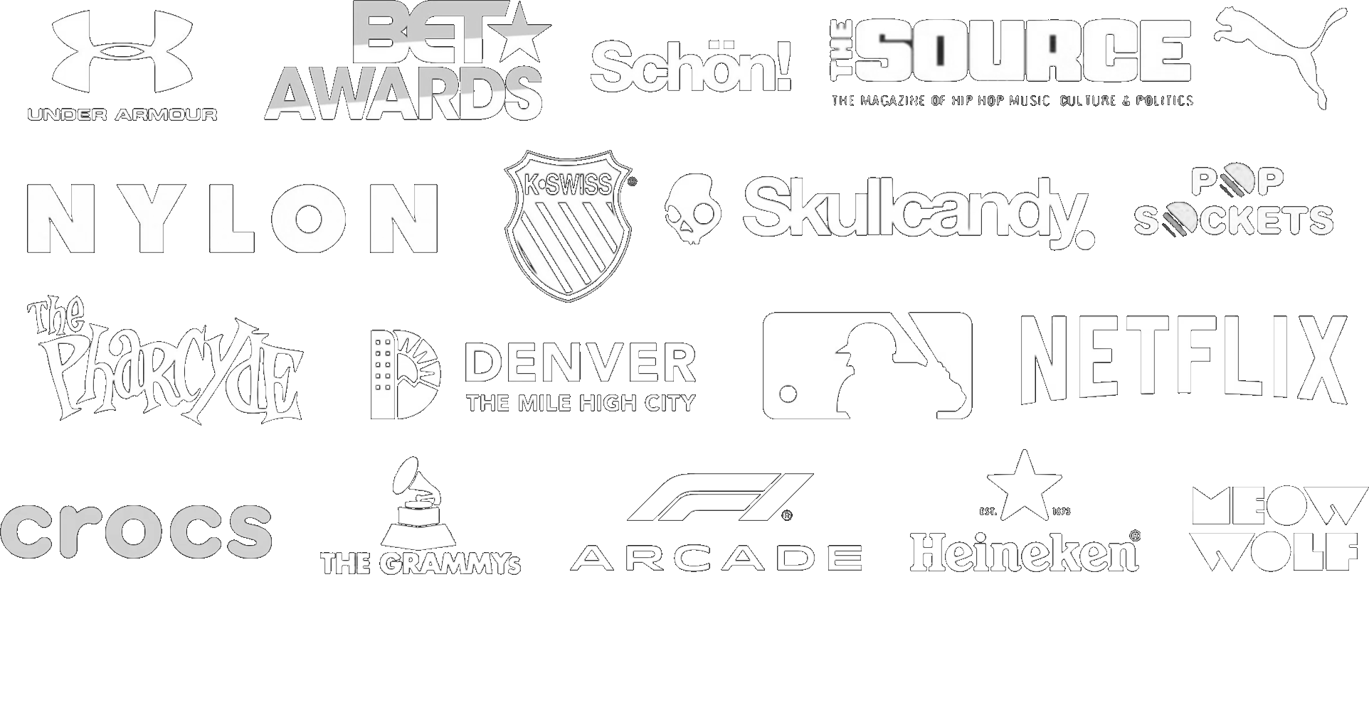 Featured in and trusted by Under Armour, BET Awards, Schön!, The Source, Puma, Nylon, K-Swiss, Skullcandy, PopSockets, The Pharcyde, Denver, MLB, Netflix and Stranger Things