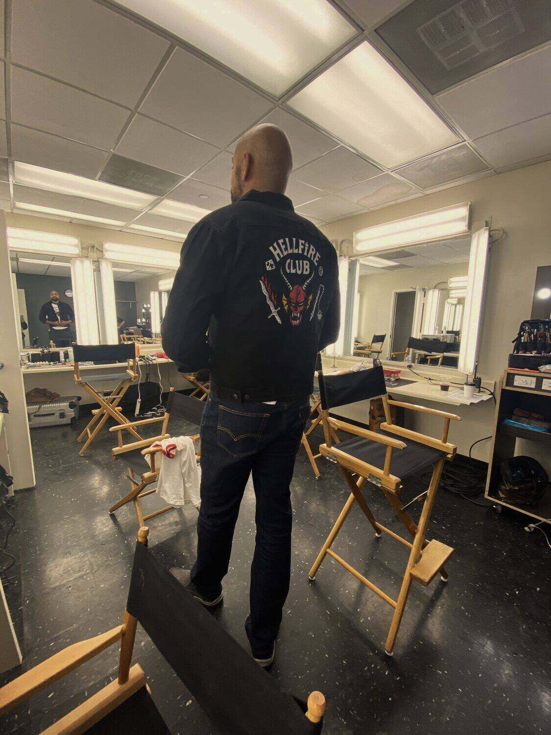 Hellfire Club custom jacket on the set of Stranger Things