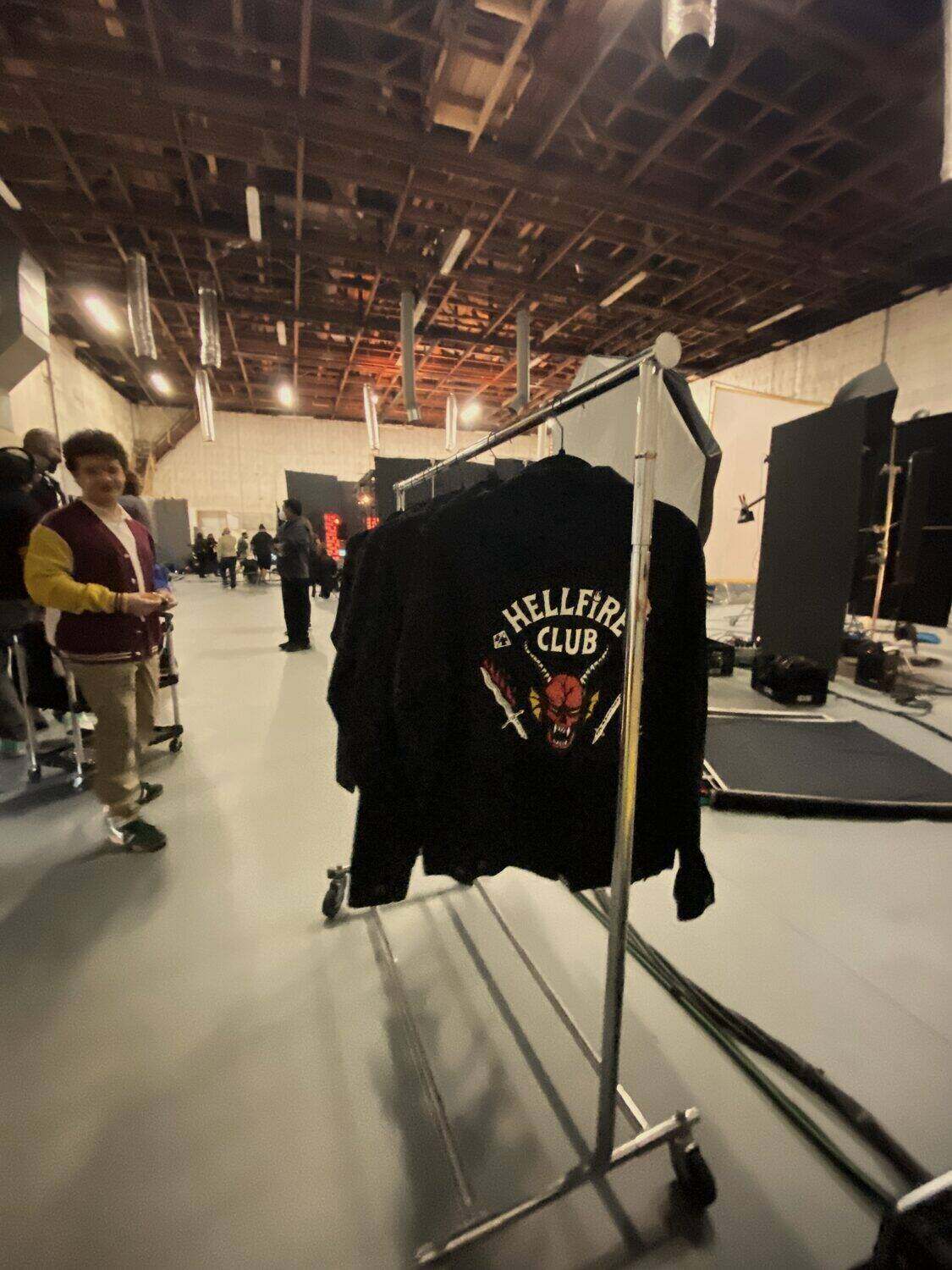 Custom Hellfire Club jackets on the Stranger Things set